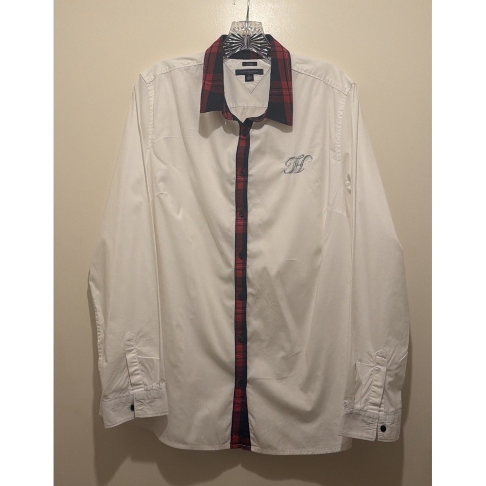 Tommy Hilfiger Women White Solid Long Sleeve Button-Up Cotton Monogram Shirt XL